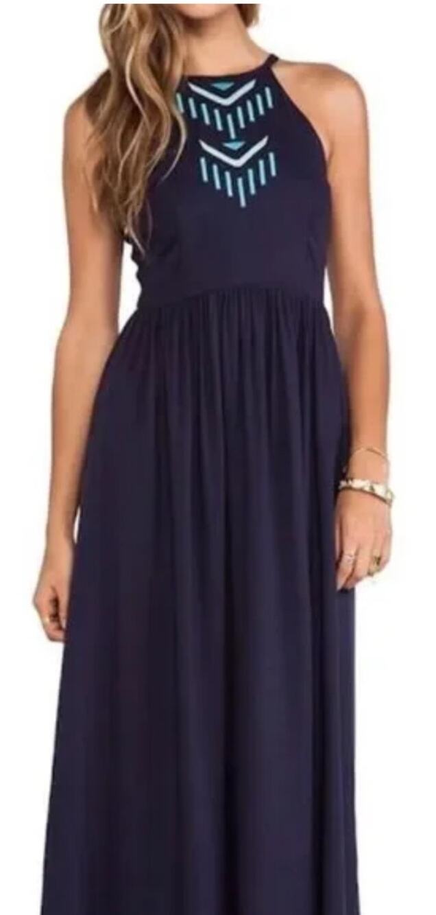 Anthropologie bobi Black Small NWT Navy embroidered boho maxi dress hippie $250